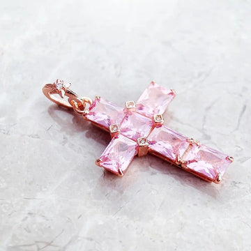 Brand New Pendant Cross With Pink AAA CZ Crystals And Star Rose Gold Plated Fine 925 Sterling Silver Jewellery - The Jewellery Supermarket